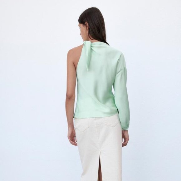 Zara Green S New Floral Print Asymmetric One Sleeve Flower Blouse - Picture 2 of 2